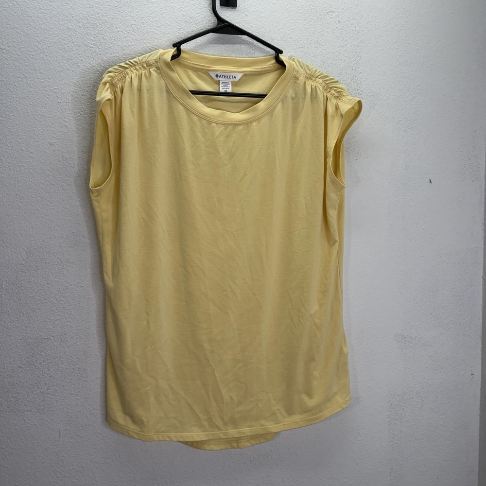 Athleta Women's Getaway Tee Butter Yellow Sz XS Ruched Cap Sleeve Modal Blend